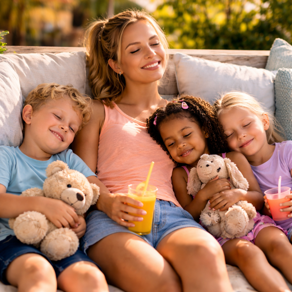 A young child enjoys the sunny day at the beach sitting in a bright orange chair facing the ocean.