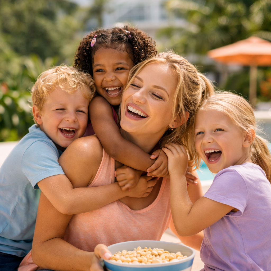 A young child enjoys the sunny day at the beach sitting in a bright orange chair facing the ocean.